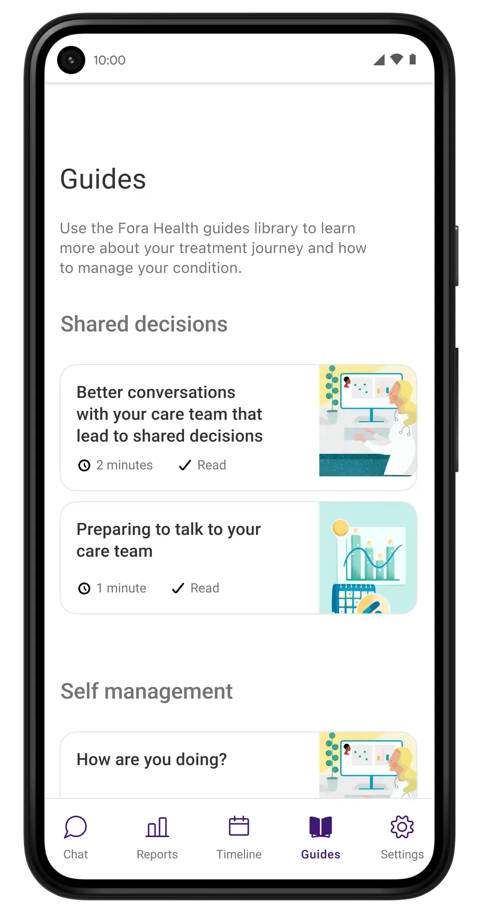 Demo view of the Fora Health app on an Android phone