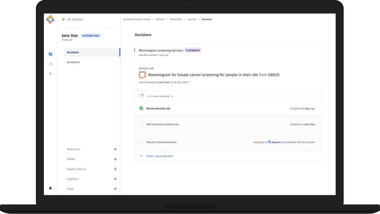 Demo view of the Fora Health care team app on a web browser