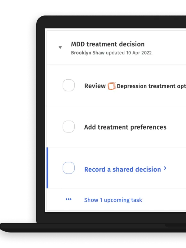 MDD Treatment Decision screen on the care team interface